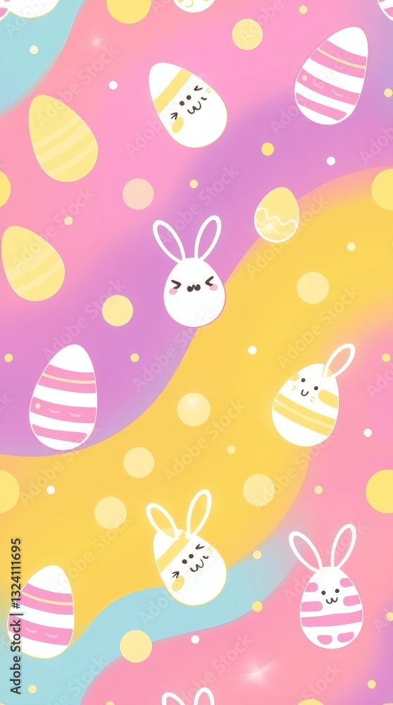 Poster an illustrated easter pattern with colorful eggs and bunnies. the pattern has a soft, pastel color p