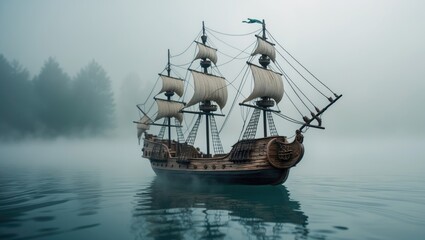 Obraz premium Model of a pirate ship floating on water amidst fog.