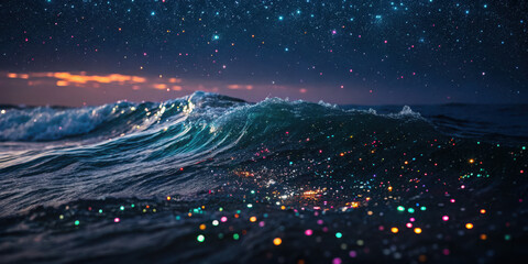 mesmerizing wave in ocean under starry sky, sparkling lights