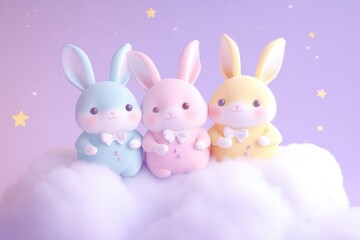 Fototapeta premium Three adorable pastel bunnies with bow ties sitting on a fluffy cloud against a purple starry background.
