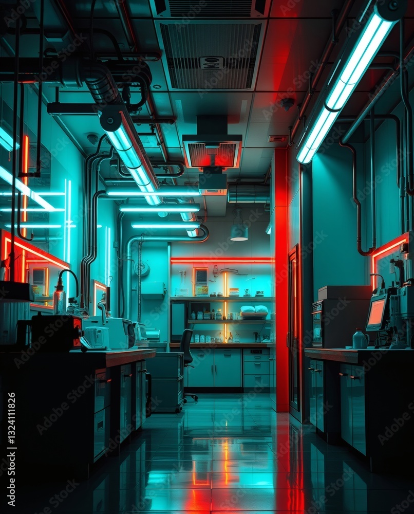 Poster a modern laboratory illuminated with neon lights, creating a futuristic atmosphere