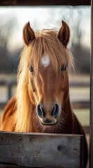 Fototapeta premium Majestic Brown Horse Portrait: A Captivating Close-Up of Equine Beauty in Natural Light, Set Against a Rustic Wooden Fence with a Glimpse of the Countryside