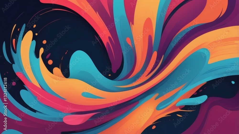 Poster an abstract, vibrant burst of colorful paint splashing across a dark background, creating a dynamic and artistic composition. The swirling shapes and vivid hues evoke energy and creativity