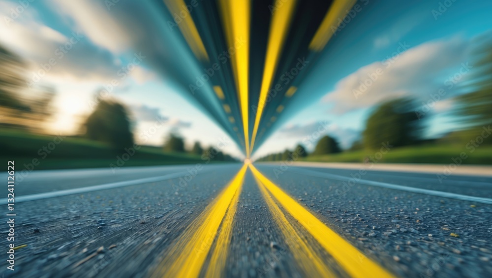 Poster radial blur of the yellow line centered on a highway. closeup low-angle perspective. blur extends fr