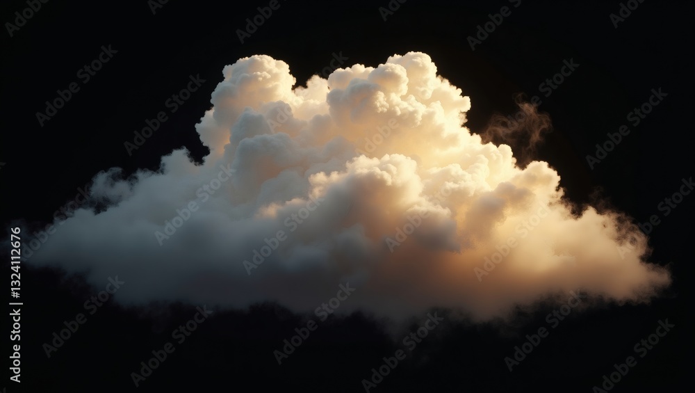 Poster a fluffy cloud illuminated by sunlight on a dark background, creating a striking contrast. the cloud