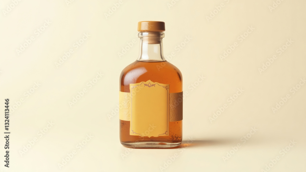 Poster a single bottle of liquor with a cork stopper and a blank label, sitting on a solid colored backgrou