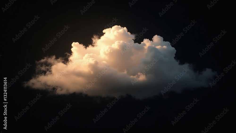 Poster a single fluffy cloud illuminated against a dark background, creating a dramatic contrast