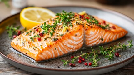 Exquisite Grilled Salmon with Lemon and Herbs: A Culinary Masterpiece of Flavors and Textures, Perfect for a Healthy and Delicious Meal, Ready to Savor.
