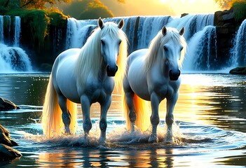 Two majestic white horses with flowing manes and tails gallop through the shallow waters of a serene waterfall.