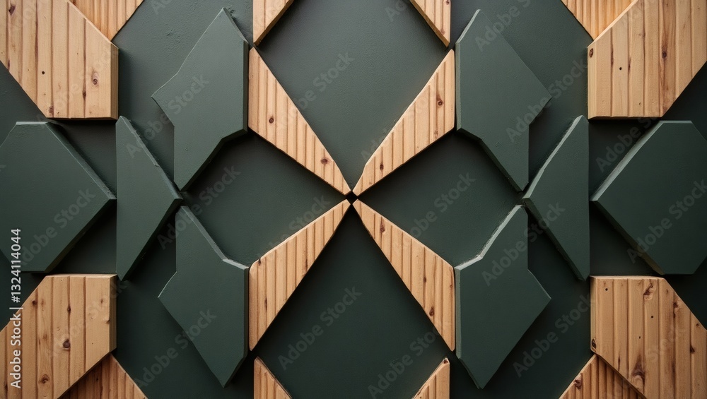 Poster a unique wall with a geometric pattern and a combination of wooden and green elements. It's an eye-catching design