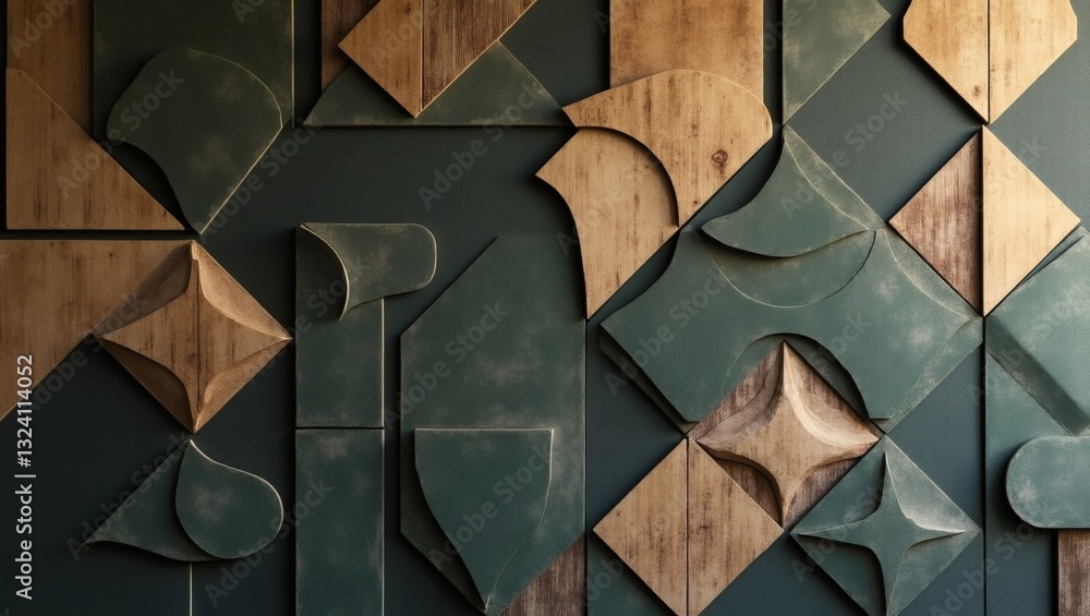 Poster a unique wooden mosaic pattern with geometric shapes on a textured surface 