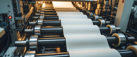 Paper alignment mechanism in the die-cutting machine for producing self-adhesive labels. Paper being fed onto the machine's rollers. Selective focus.