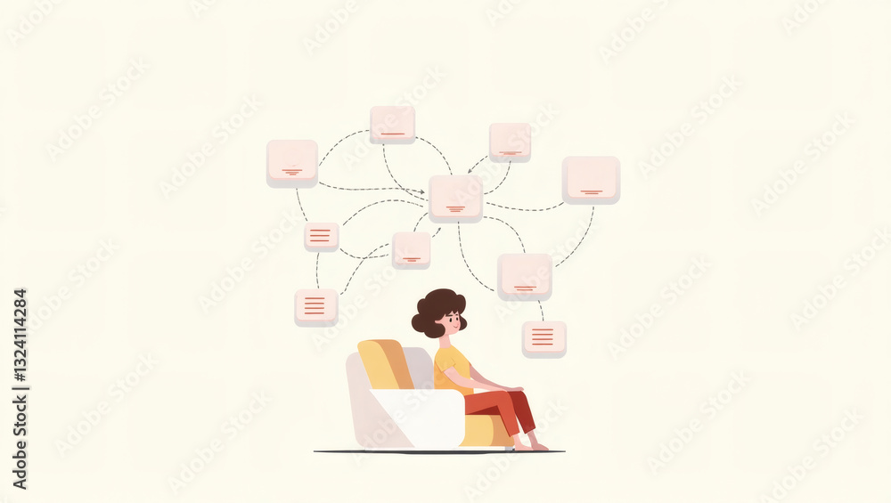 Poster a woman sitting on a comfortable couch with a web of information connected above her head, showing h