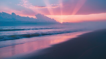 Fototapeta premium serene seaside sunset with pink skies and blue sunrays