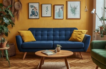 Stylish Blue Sofa in a Cozy Living Room with Modern Decor