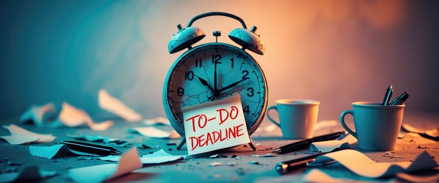 Procrastination, delay, and urgency theme. A white alarm clock displaying a sticky note with text.