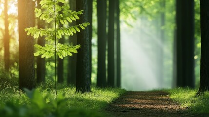 Obraz premium Lush forest pathway with sunlight filtering through trees.