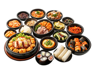 Delicious Korean cuisine featuring variety of dishes including rice, vegetables, and meats, beautifully arranged in black bowls, showcasing vibrant colors and textures
