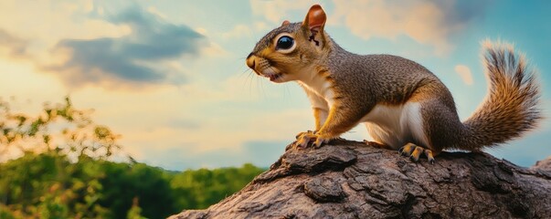 Obraz premium A curious squirrel perched on a rock looking towards the distance