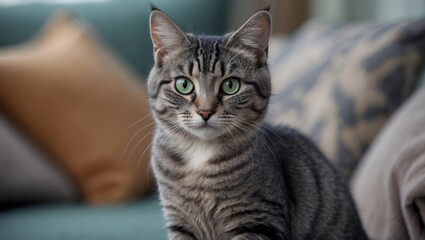 Obraz premium Portrait of a young, beautiful cat with grey striped fur and green eyes.