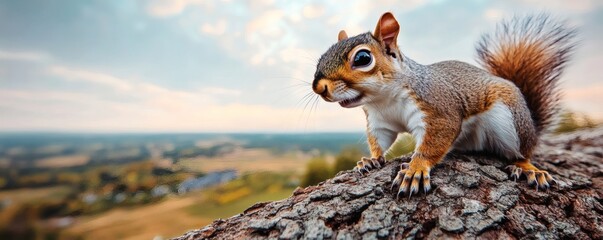 A curious squirrel perched on a tree branch with a vista