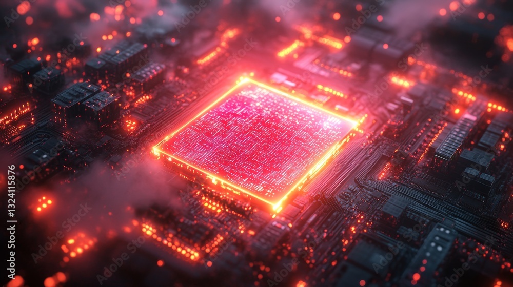 Poster A vibrant illustration showcases a quantum processor surrounded by intricate circuitry. The glowing grid symbolizes concepts like superposition and entanglement in modern computing technologies.