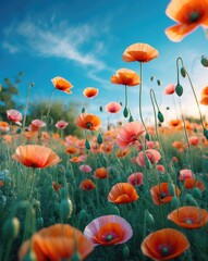 Obraz premium Poppy flowers in a garden during early spring on a warm sunny day, set against a vibrant blue sky. High-quality image.