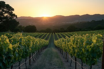 Fototapeta premium Vineyard rows bask in warm orange sunset over lush green vines in a serene landscape
