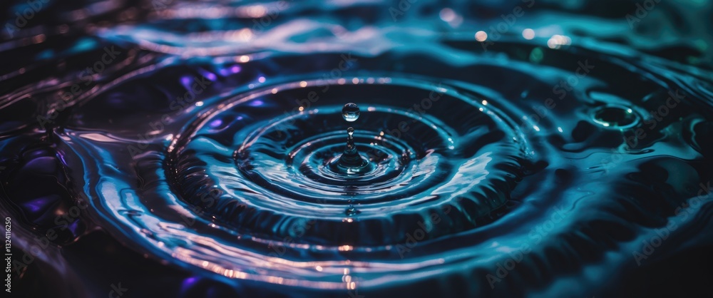 Poster panorama of water ripples created by a drop in the dark. abstract circular ripple from the water dro