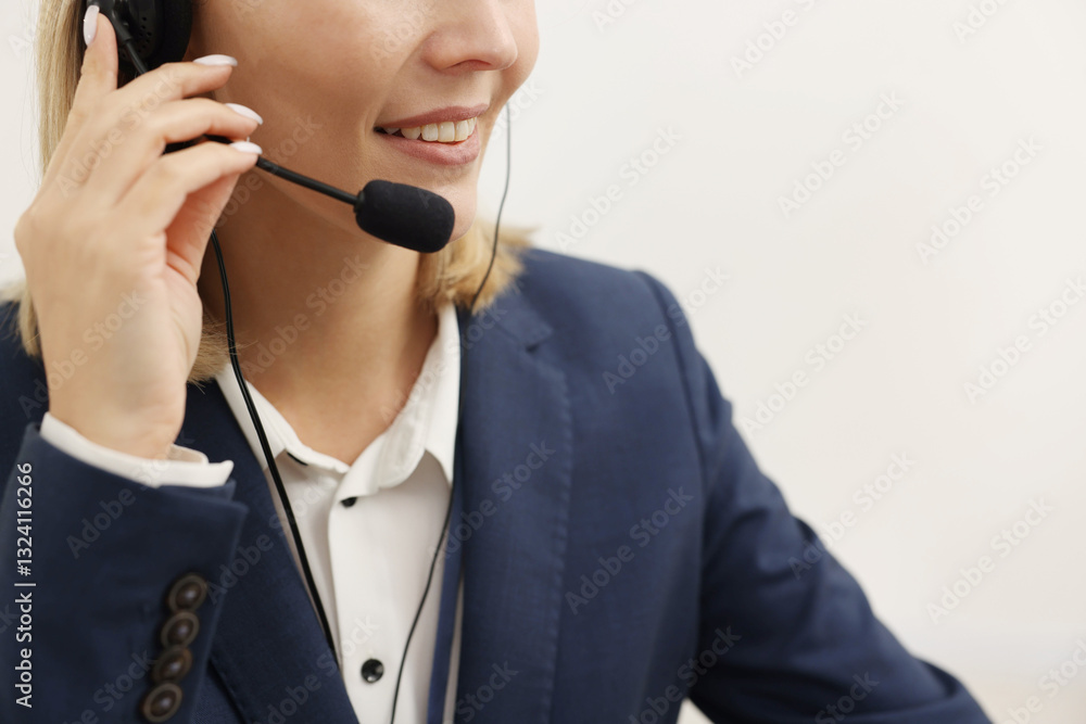 Poster technical support call center. smiling operator working indoors, closeup. space for text