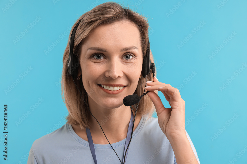 Poster technical support call center. portrait of smiling operator on light blue background