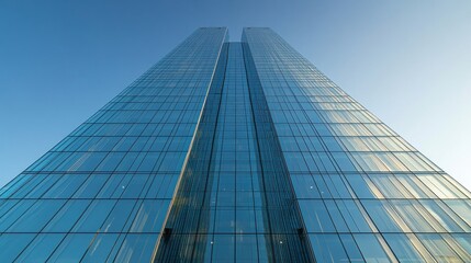 Fototapeta premium A modern glass skyscraper rises against a clear blue sky, showcasing its sleek design and reflective surfaces.