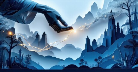 Paper cutout of person passing glowing thread to another deep navy and muted silver symbolizing sharing knowledge and wisdom