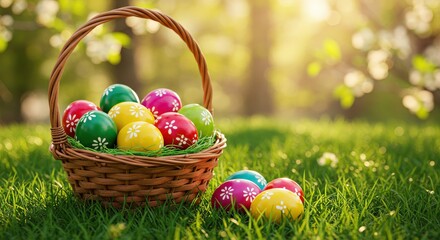 Easter eggs among spring flowers (Macro, low angle)