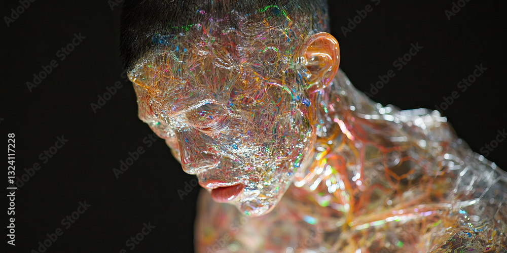 Poster human form encased in multicolored translucent material