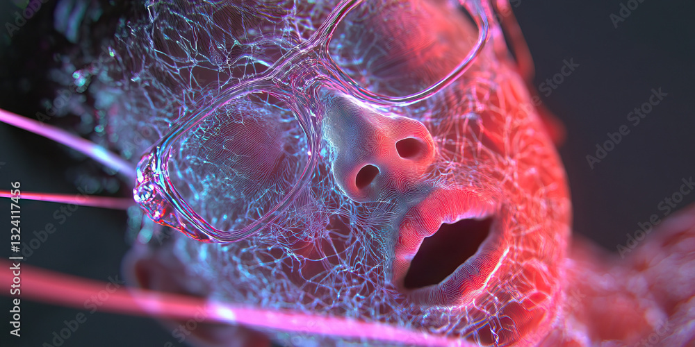 Poster digital render of face with overlay network and eyeglasses
