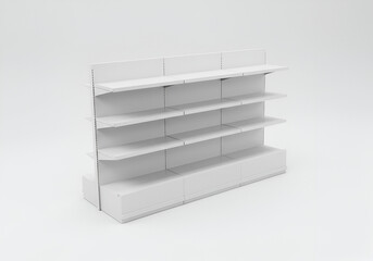 white isolated empty 3D rendering showcase background podium racked display shop blank store market shelf supermarket retail rack equipment shelving,space, gondola, render