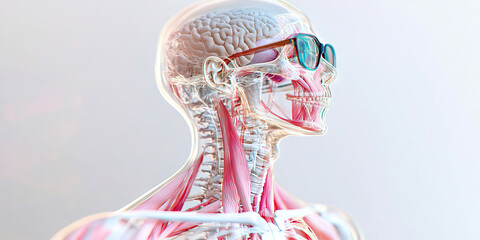 Obraz premium Three-Dimensional Rendering of Human Head and Neck Anatomy with Eyeglasses