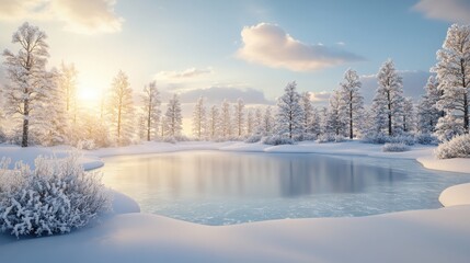Fototapeta premium A serene winter landscape featuring a frozen pond surrounded by snow-covered trees and a beautiful sunrise illuminating the scene.