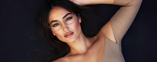 Obraz premium Woman posing confidently on dark background with stylish glasses and elegant outfit