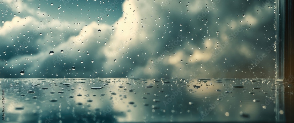 Poster rain droplets on window glass surface with a cloudy backdrop. natural pattern of raindrops set again