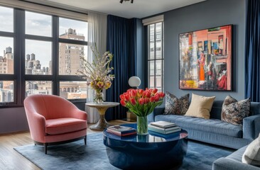 Stylish Living Room with City View Tulips Flowers Couch and Armchair