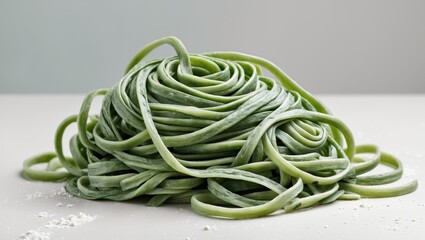 Curled green fettuccine made from spinach, a type of dried pasta ingredient used in vegetarian cuisine.