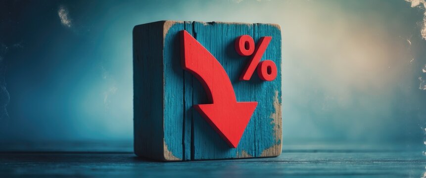 Percentage of business turnover reduced, interest rate drop, wooden blocks featuring percentage sign and downward arrow, recession crisis concept.