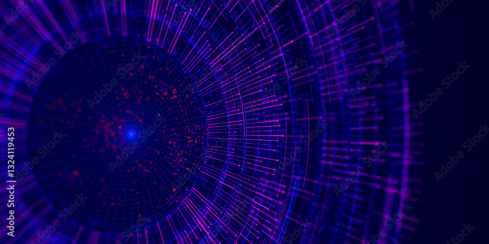 Poster big data complex round graph. quantum computing universe. cyber space of ai technology. futuristic g