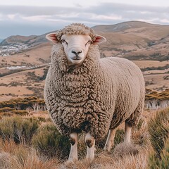 Obraz premium A fluffy sheep stands peacefully on a grassy hill looking forward