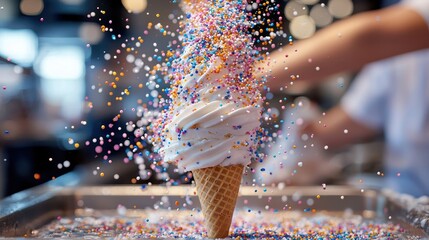 Close-Up of Colorful Sprinkles Exploding on Ice Cream Cone Delight