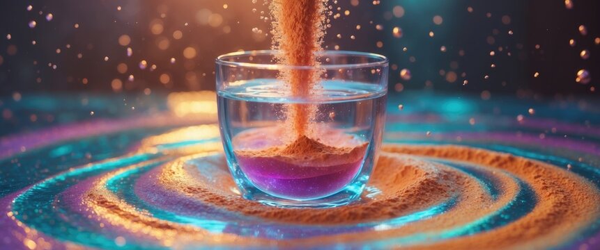 Orange paracetamol and salicylamid powder being poured into a glass of water and dissolving with bubbles rising.