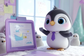 Adorable penguin in a suit gives a presentation with charts on a whiteboard.