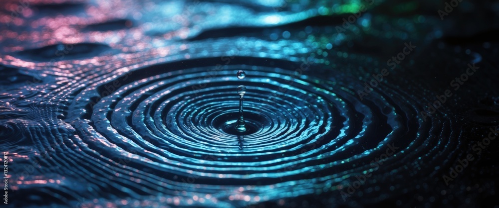 Poster panorama of water ripples created by a drop in darkness. abstract circular water drop ripple. backgr